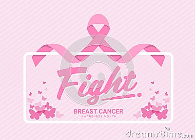 Fight breast cancer awareness month banner with pink ribbon around white frame and butterfly on soft pink stripes texture Vector Illustration