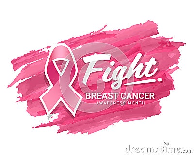 Fight breast cancer awareness month banner with pink ribbon sign on pink background Paint brush style Vector Illustration