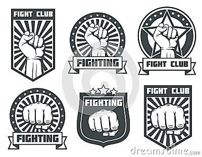 Fight club with fist vintage labels, logos, emblems vector set Vector Illustration