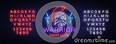 Fight Club neon sign. Warrior logo in neon style. Design template, sports logo, Spartan warrior. Night Fight, MMA. Light Vector Illustration