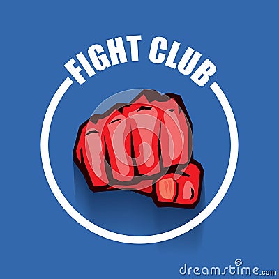 Fight club vector logo with red man fist isolated on blue background. MMA Mixed martial arts design template Vector Illustration