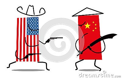 The fight between the flags of the USA and China. Cowboy Pistols vs. Traditional Sword Vector Illustration