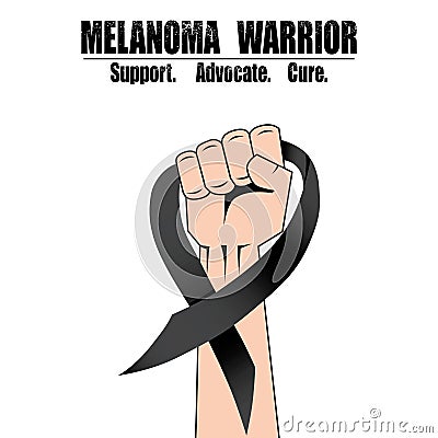 Fight hand fist against melanoma, black ribbon, skin cancer awareness symbol vector Vector Illustration