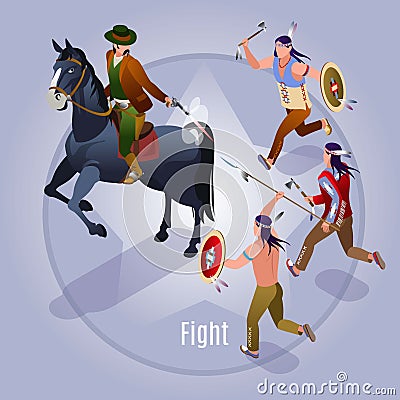 Fight with Indians Wild West Illustration isometric icons on isolated background Vector Illustration