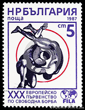 Fight scene, European Championships in freestyle wrestling, Tarnovo serie, circa 1987 Editorial Stock Photo