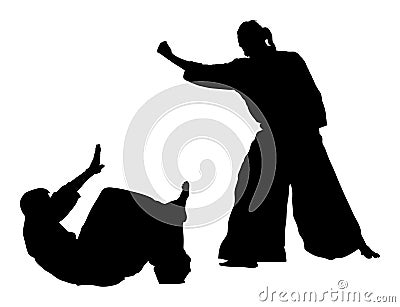 Fight between two aikido fighters silhouette. Cartoon Illustration