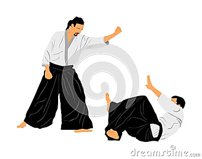 Fight between two aikido fighters symbol illustration. Sparring on training action. Self defense, defence Cartoon Illustration