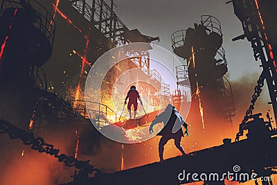 Fight of two futuristic warriors in industrial factory Cartoon Illustration