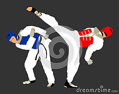 Fight between two taekwondo fighters . Self defense, defence art exercising concept. Cartoon Illustration