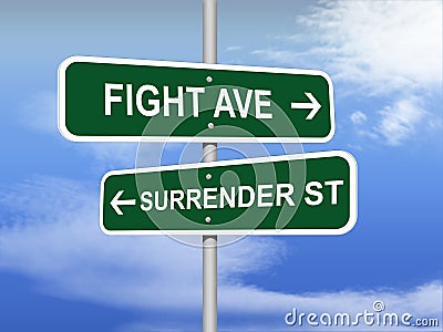 Fight Versus Surrender road sign Cartoon Illustration