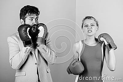 Fight for your happiness. bearded man hipster fighting with woman. problems in relationship. sport. family couple boxing Stock Photo