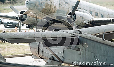 Fighter aircrafts on sunny day. Old war planes. Military airplanes outdoor. Aviation and army transport. Air power and Stock Photo