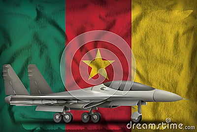 Fighter, interceptor on the Cameroon state flag background. 3d Illustration Stock Photo