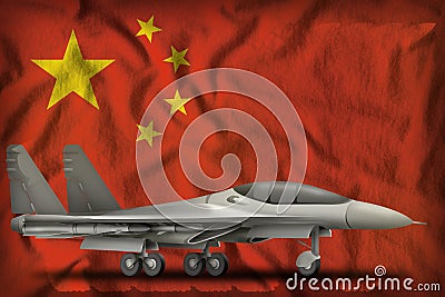 Fighter, interceptor on the China state flag background. 3d Illustration Stock Photo