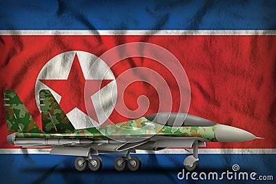 Fighter, interceptor with forest camouflage on the Democratic Peoples Republic of Korea North Korea state flag background. 3d Il Stock Photo