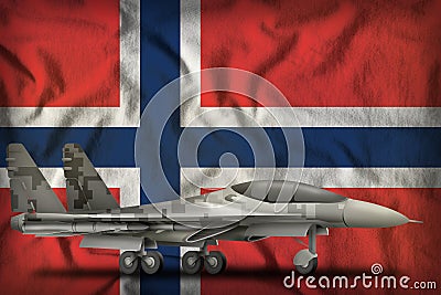 Fighter, interceptor with pixel city camouflage on the Norway state flag background. 3d Illustration Stock Photo