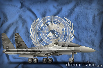 Fighter, interceptor with pixel city camouflage on the United Nations state flag background. 3d Illustration Editorial Stock Photo