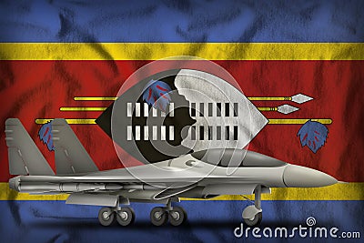 Fighter, interceptor on the Swaziland state flag background. 3d Illustration Stock Photo