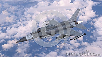 Fighter jet plane in flight, military aircraft, army airplane flying in cloudy sky, 3D render Stock Photo