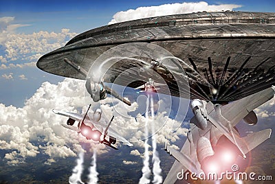 Fighter planes and UFO combat Stock Photo