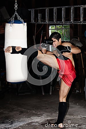 Fighter training in garage. Stock Photo