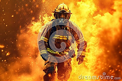 fighter uniform fireman equipment smoke fire rescue safety firefighter emergency. Generative AI. Stock Photo