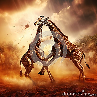 Two giraffes in the african savannah Made With Generative AI illustration Cartoon Illustration