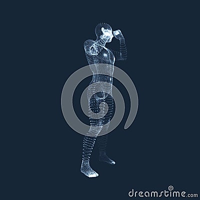 Fighting Man. 3D Model of Man. Human Body Model. Body Scanning. View of Human Body. Vector Illustration