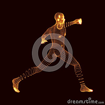 Fighting Man. 3D Model of Man. Human Body Model. Body Scanning. View of Human Body. Vector Graphics Composed of Particles Vector Illustration