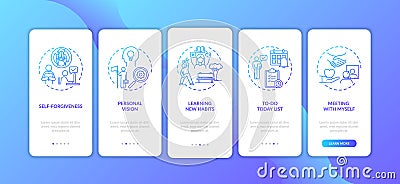 Fighting procrastination methods onboarding mobile app page screen with concepts Vector Illustration