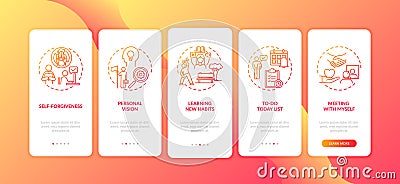 Fighting procrastination methods onboarding mobile app page screen with concepts Vector Illustration