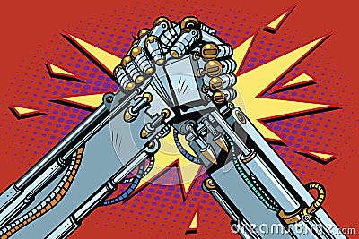 Fighting robots Arm wrestling fight confrontation Vector Illustration