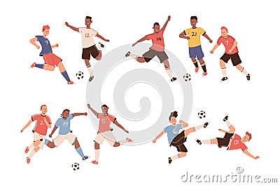 Fighting soccer players. Athletes fight for ball, footballer actions, sports team game, people in uniform, sharp match moments. Vector Illustration