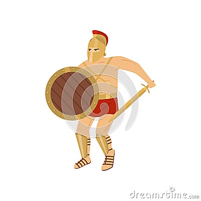 Fighting strong gladiator in red loincloth isolated on white background Vector Illustration