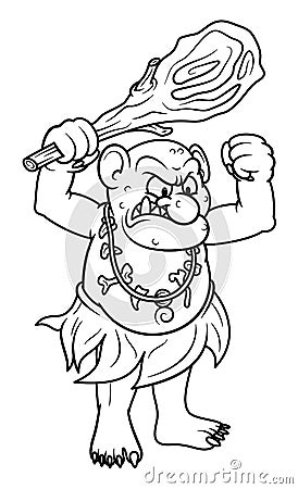 Line art illustration of angry fantasy ogre with a stick club in cartoon style. Image for kids and children coloring book or page. Vector Illustration