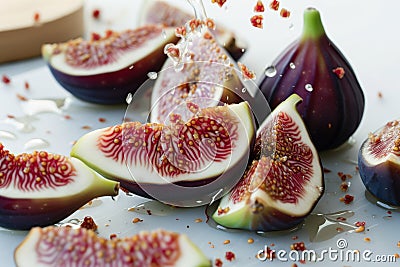 figs being quartered, seeds scattering with juice Stock Photo