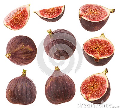 Figs isolated. Whole fresh ripe berry or fruit, half Fig and cut slice set isolated on white background with clipping path as Stock Photo