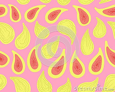 Figs whole fruits and slices. Vector flat seamless pattern on pink Vector Illustration