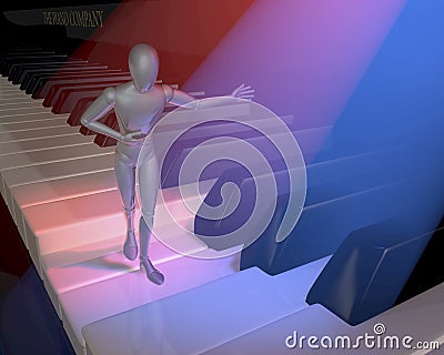 Figur, character, show host presenting on a piano keyboard, clavier, lit in red and blue spotlights Stock Photo