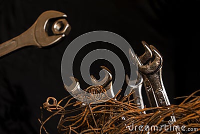 Figure of a birds nest made with steel wires and wrenches. The largest of them simulates being the mother feeding a nut to the Stock Photo