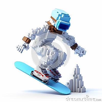 Pixel Snowboarder: A 3d 8-bit Voxel Art Cartoon On A White Background Stock Photo