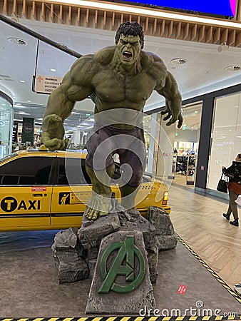 Warsaw, Poland - 8 November 2019: Hulk Statue in Atrium Shopping Centre Editorial Stock Photo