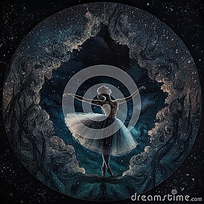 Figure of a delicate ballerina dancing among the starry sky. Dark background. Generative AI Stock Photo