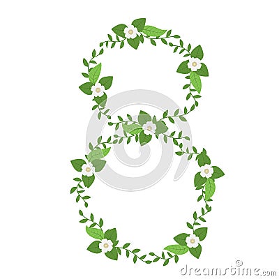 Figure eight of flowers, leaves, and branches. Festive design on a white background. Congratulations on international women`s day Vector Illustration