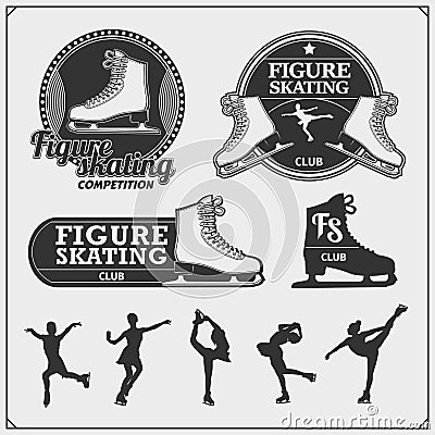 Figure ice skating set emblems. Beautiful women, silhouettes of figure skaters. Vector Illustration