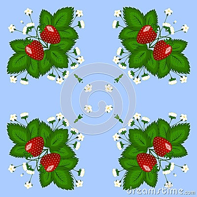 Figure, illustration. Bush strawberries with three red berries and white flowers Cartoon Illustration