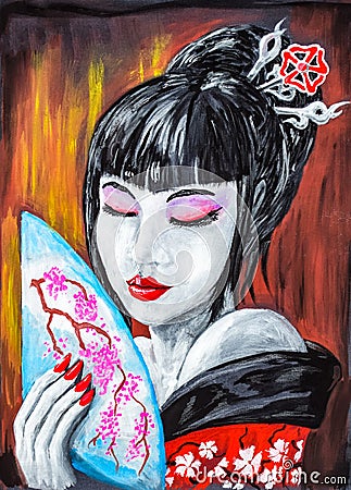 Figure of a Japanese geisha with a fan. Portrait of a brunette with closed eyes and collected hair in her hair Stock Photo