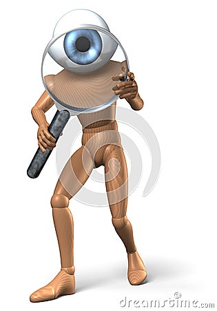 Figure looks through magnifying glass Cartoon Illustration