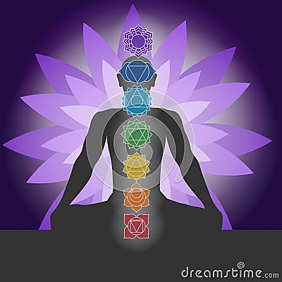 Figure in lotus pose, seven chakras in color. Symbols for spa, meditation and yoga. Mystical and esoteric icons Stock Photo