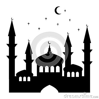 Figure mosque black contour. Ramadan. Night, stars, month Cartoon Illustration